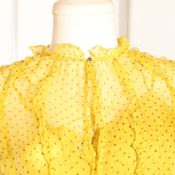 Sz 42  L Chanel Vintage 3-Piece Ruffled Yellow Silk w/Black Polkadots Chiffon Bl - Picture 5 of 9